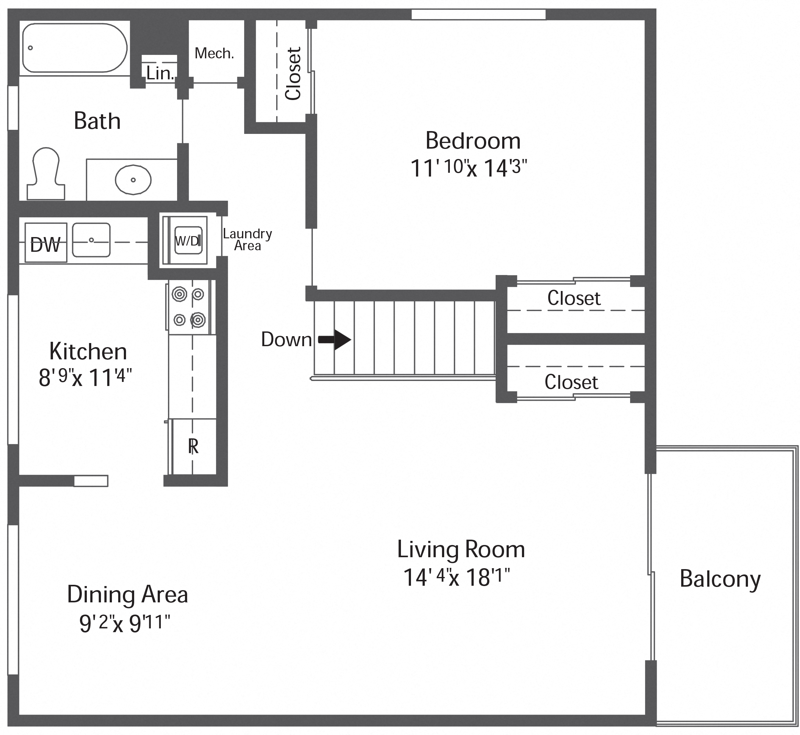 Floor plan for 1 bed, 1 bath, 820 sqft